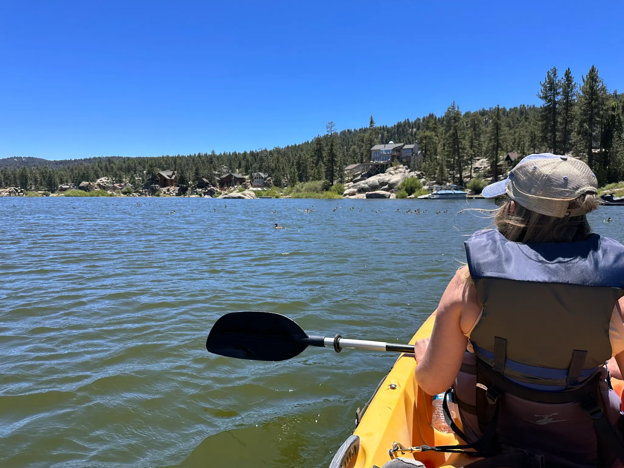 Kristen kayaking on Big Bear Lake on a sunny summer day, with pine-covered hillside homes in the background and ducks on the water