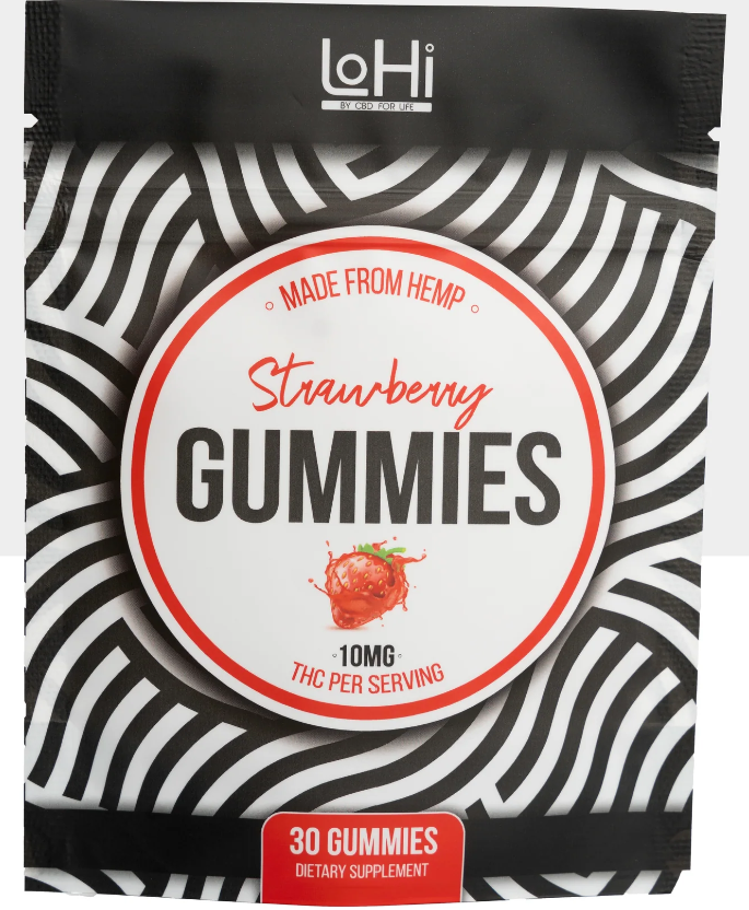CBD For Life LoHi Strawberry Gummies โ 10mg THC per serving, made from hemp