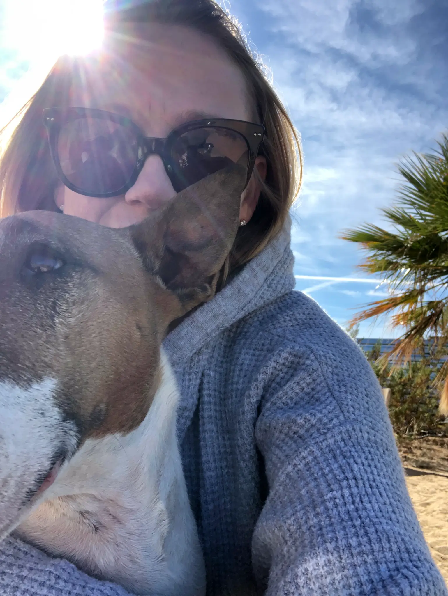 Kristen with her dog at the Landers Airbnb β desert sunshine and palm trees