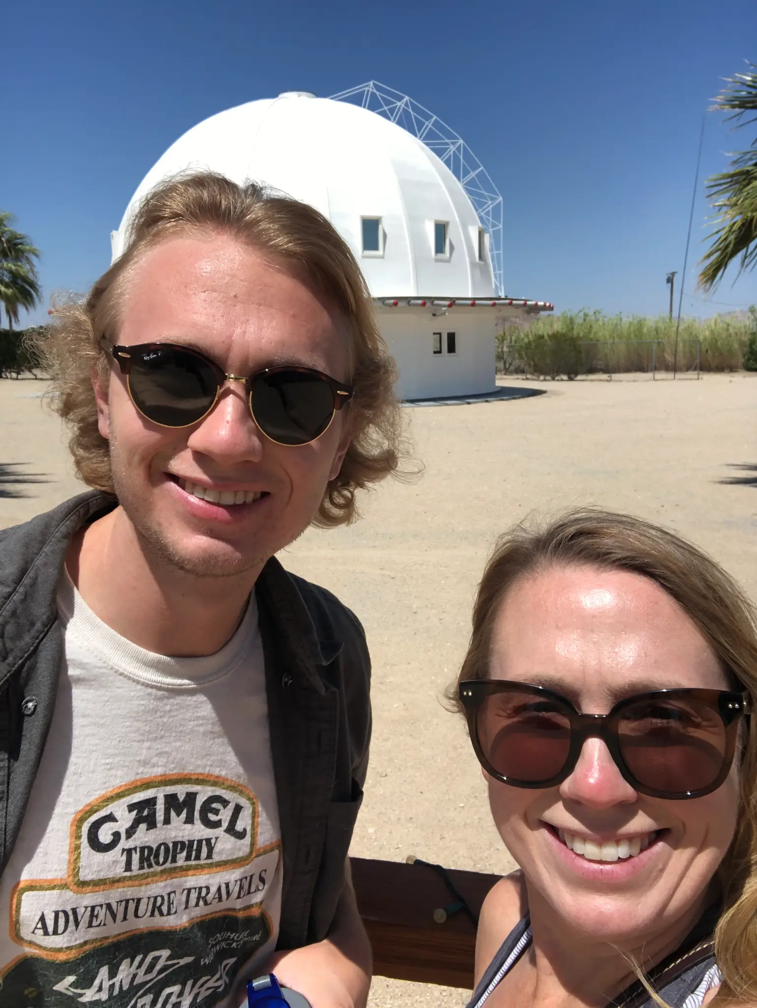 Selfie in front of the Integratron dome in Landers, CA β the white geodesic structure rising from the Mojave desert floor